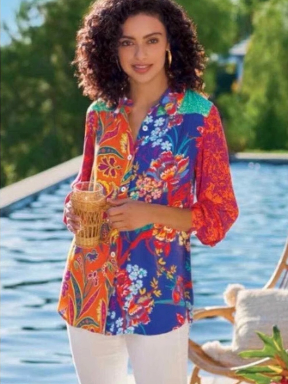 Soft Surroundings Floral Panel Block Vibrant Multicolor Button-Up Blouse